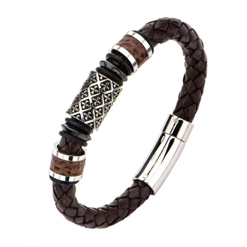 8.5 inch Long INOX Mens Single Brown Braided Leather Bracelet with Stainless Steel Clasp 8.5 inch Long INOX Mens Single Brown Braided Leather Bracelet with Stainless Steel Clasp